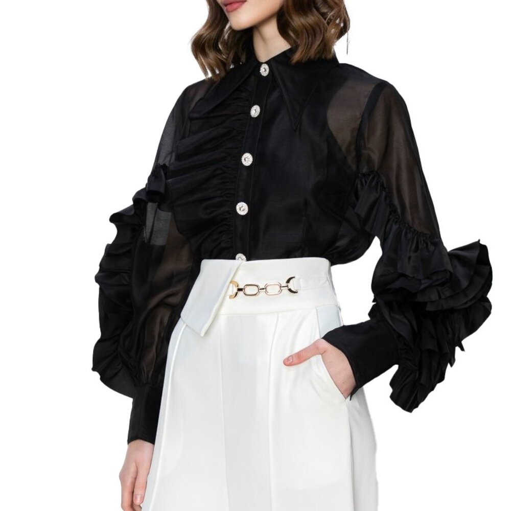 Black Ruffled Sleeves Chiffon Top - Picture 2 of 3